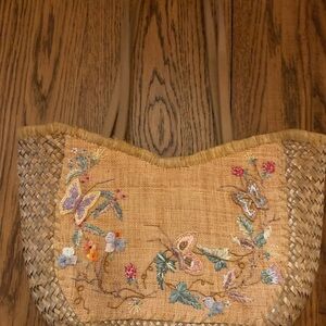 Cappelli Tan Woven Tote with Floral Embroidery
